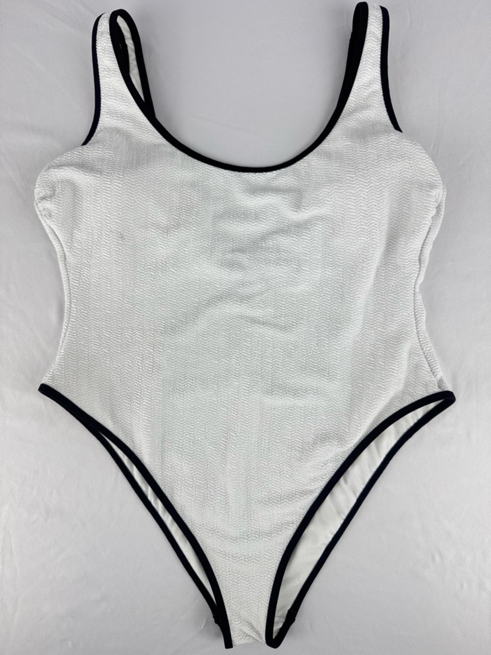 No Boundaries White Ruched One-Piece Swimsuit with Black Trim
